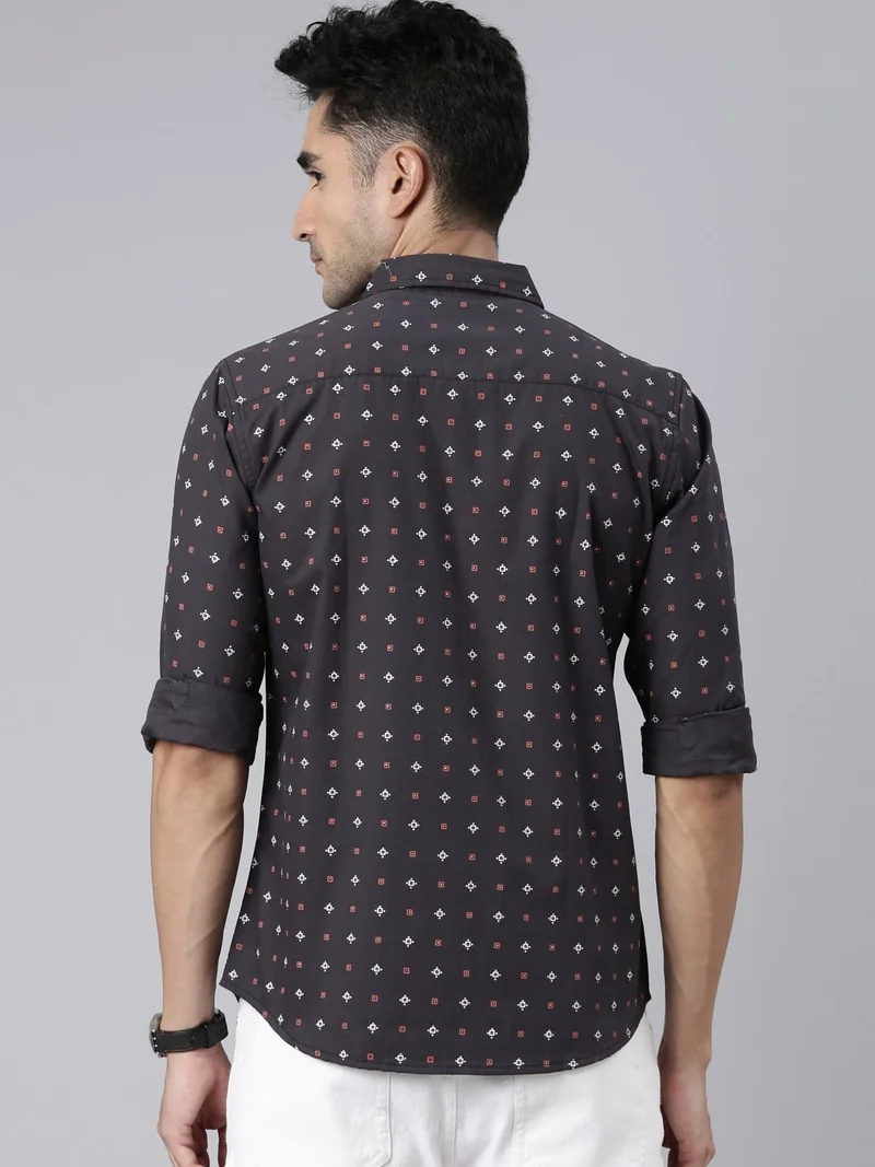 جوفن قميص رجالي قطني كاجوال بطبعة رمادي داكن