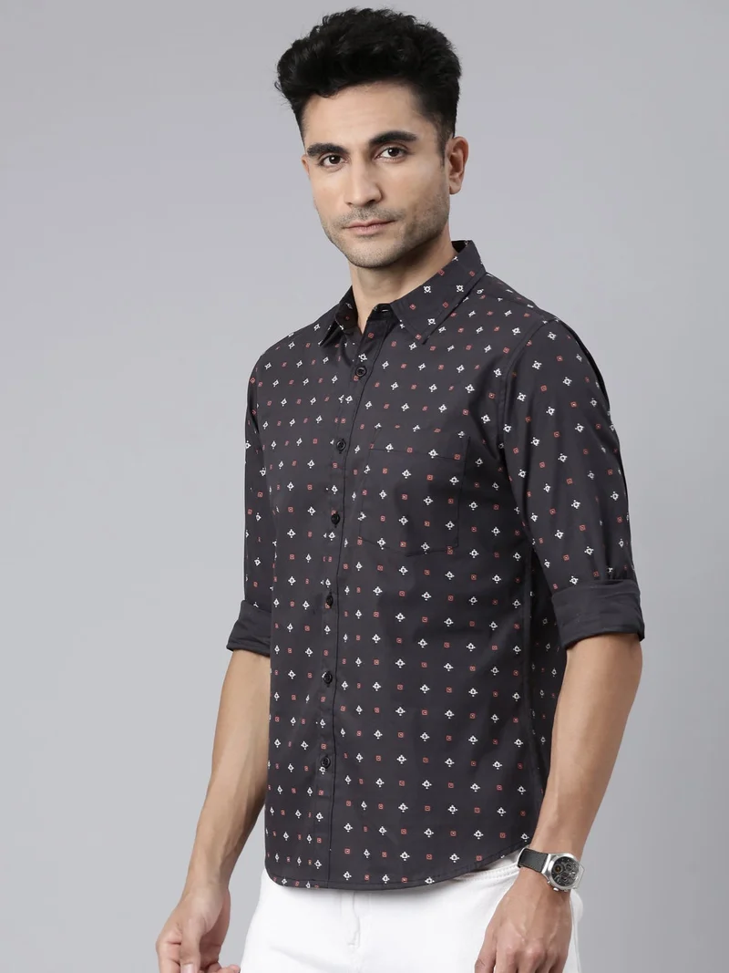 Joven Dark Grey Printed Cotton Casual Shirt for Men
