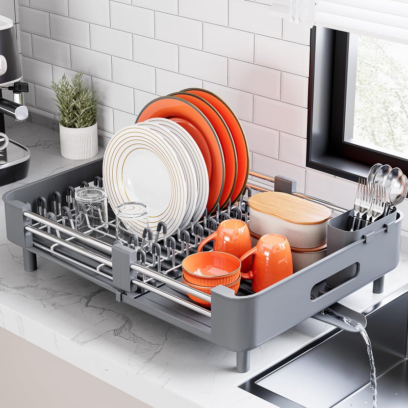 Urackify Stainless Steel Dish Drying Rack - Dish Drainer for Kitchen Counter, Extendable Drainboard with Foldable, Space-Saving Cup & Bowl Organizer, Includes Knife and Utensil Holder, Gray - Image 1