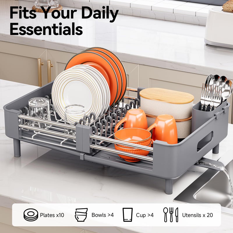 Urackify Stainless Steel Dish Drying Rack - Dish Drainer for Kitchen Counter, Extendable Drainboard with Foldable, Space-Saving Cup & Bowl Organizer, Includes Knife and Utensil Holder, Gray - Image 2
