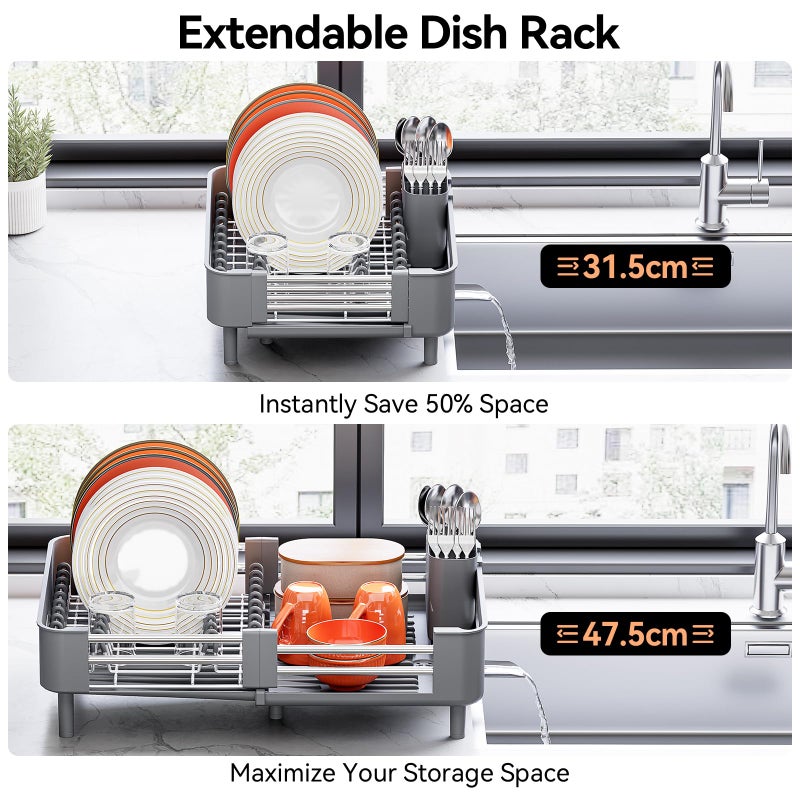 Urackify Stainless Steel Dish Drying Rack - Dish Drainer for Kitchen Counter, Extendable Drainboard with Foldable, Space-Saving Cup & Bowl Organizer, Includes Knife and Utensil Holder, Gray - Image 3