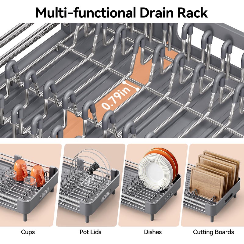 Urackify Stainless Steel Dish Drying Rack - Dish Drainer for Kitchen Counter, Extendable Drainboard with Foldable, Space-Saving Cup & Bowl Organizer, Includes Knife and Utensil Holder, Gray - Image 4