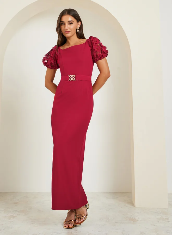 Styli  Women Square Neck Belted Sheath Maxi Dress for Women | Best Price UAE