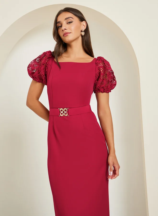Women Square Neck Belted Sheath Maxi Dress