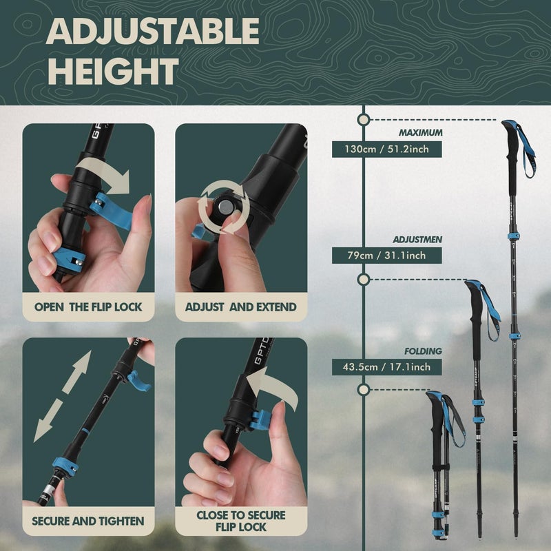 GPTCAMP Hiking Stick,1PC Trekking Pole Collapsible Hiking Pole,Lightweight Folding Adjustable Travel Walking Stick with EVA Foam Grip for Men Women,Blue - Image 3