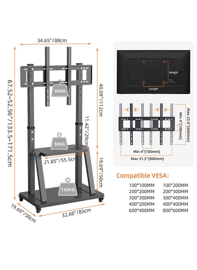 Generic - Mobile TV Stand with Wheels Heavy Duty TV Cart Stand Trolley for 32”-100” LED LCD OLED Screens Height Adjustable with 2 Tier Storage Shelves Holds up to 80KG MAX VESA 800x600mm - Image 1