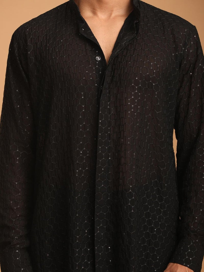 VASTRAMAY Men'S Black Georgette Kurta Pant Set | Wedding & Festive Ethnic Wear | Ideal For Traditional, Haldi, Sangeet & Reception Functions - Image 4
