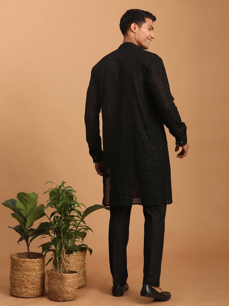 VASTRAMAY Men'S Black Georgette Kurta Pant Set | Wedding & Festive Ethnic Wear | Ideal For Traditional, Haldi, Sangeet & Reception Functions - Image 3