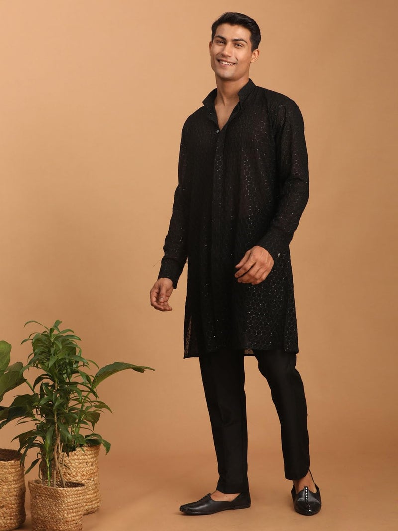 VASTRAMAY Men'S Black Georgette Kurta Pant Set | Wedding & Festive Ethnic Wear | Ideal For Traditional, Haldi, Sangeet & Reception Functions - Image 2