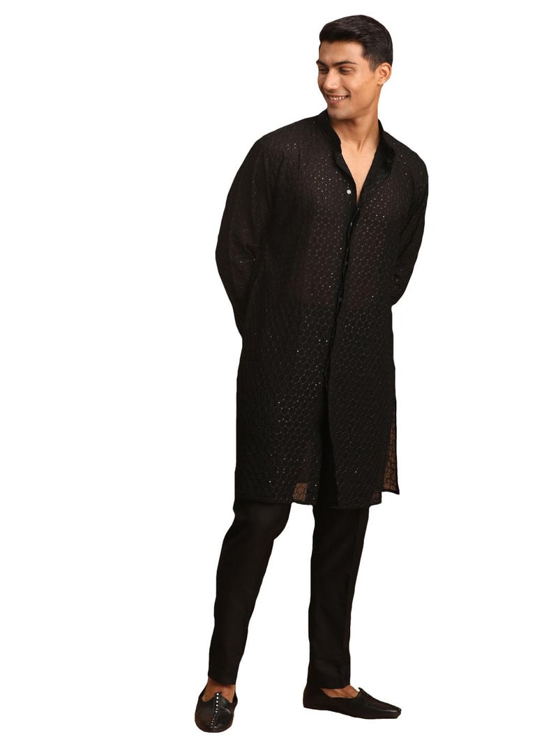 VASTRAMAY Men'S Black Georgette Kurta Pant Set | Wedding & Festive Ethnic Wear | Ideal For Traditional, Haldi, Sangeet & Reception Functions - Image 1