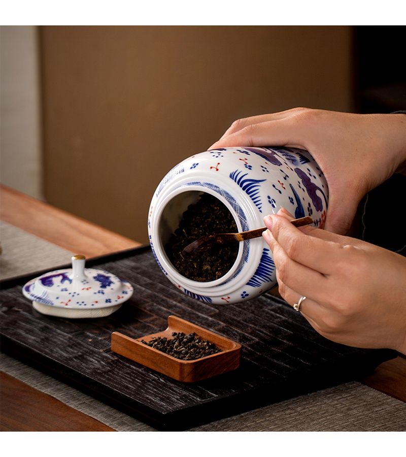 Ceramic Storage Jar With Lid Straight Fish Algae Pattern Canister For Flour Rice Tea Coffee Sugar Airtight Dry Food Container - Image 4