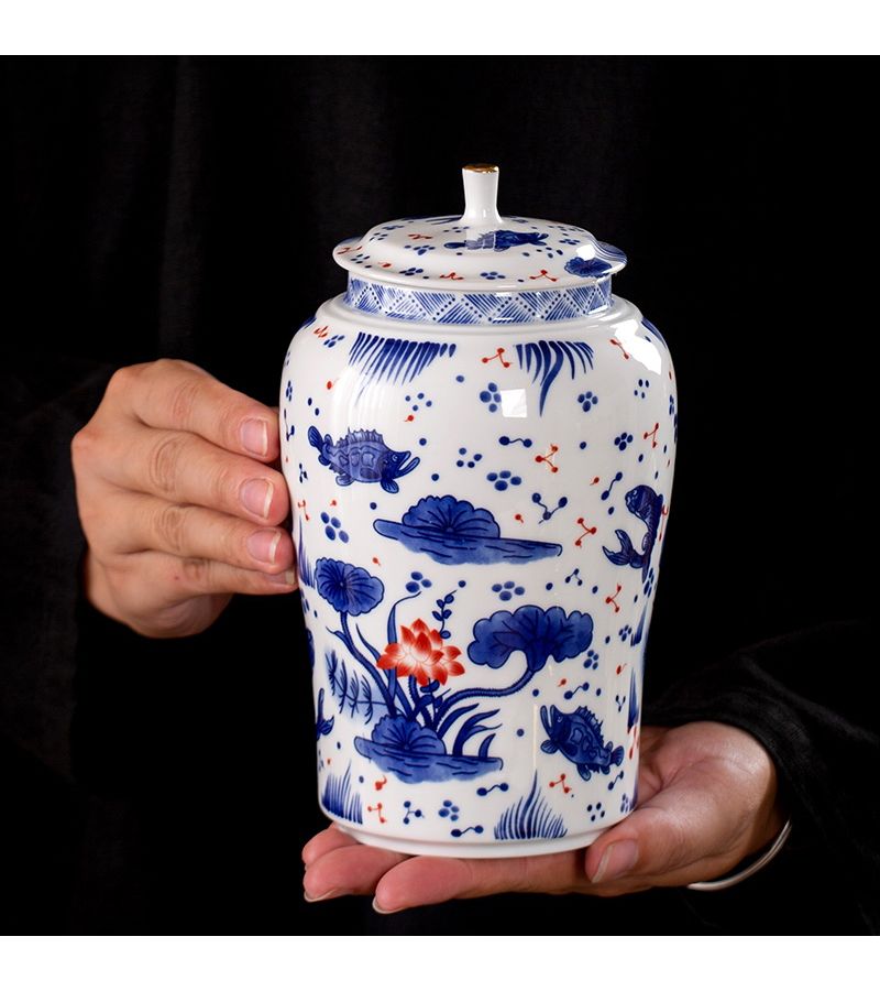 Ceramic Storage Jar With Lid Straight Fish Algae Pattern Canister For Flour Rice Tea Coffee Sugar Airtight Dry Food Container - Image 1