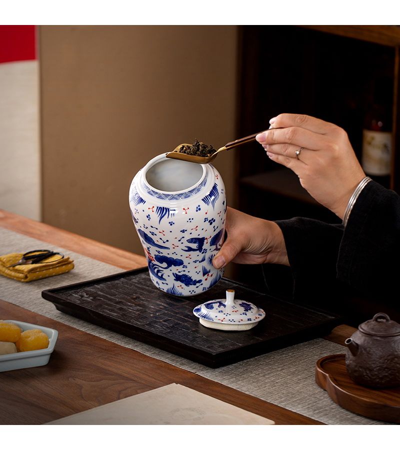 Ceramic Storage Jar With Lid Straight Fish Algae Pattern Canister For Flour Rice Tea Coffee Sugar Airtight Dry Food Container - Image 5