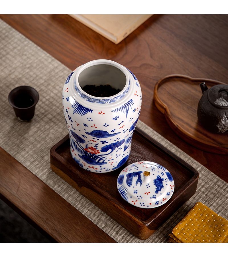 Ceramic Storage Jar With Lid Straight Fish Algae Pattern Canister For Flour Rice Tea Coffee Sugar Airtight Dry Food Container - Image 2