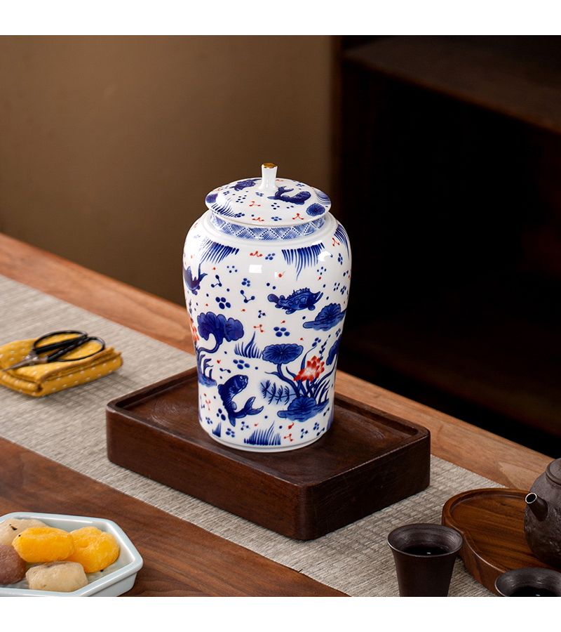 Ceramic Storage Jar With Lid Straight Fish Algae Pattern Canister For Flour Rice Tea Coffee Sugar Airtight Dry Food Container - Image 3