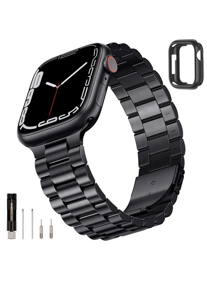 SUNFWR Compatible with Apple Watch Band 45mm 44mm 42mm for Men Women, Stainless Steel Metal iWatch Band with Case for Apple Watch Series 8/7/6/5/4/3/2/1/SE/SE2 (Black, 42mm/44mm/45mm)