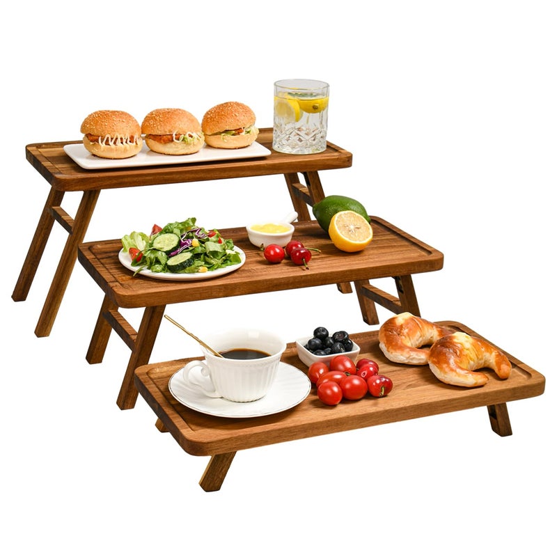 GEHE Foldable 3 Tier Serving Tray Cupcake Stand for Party Acacia Wooden Cupcake Tower Holder Set Large Serving Platters Decorative Dessert Table Display Stand Charcuterie Boards