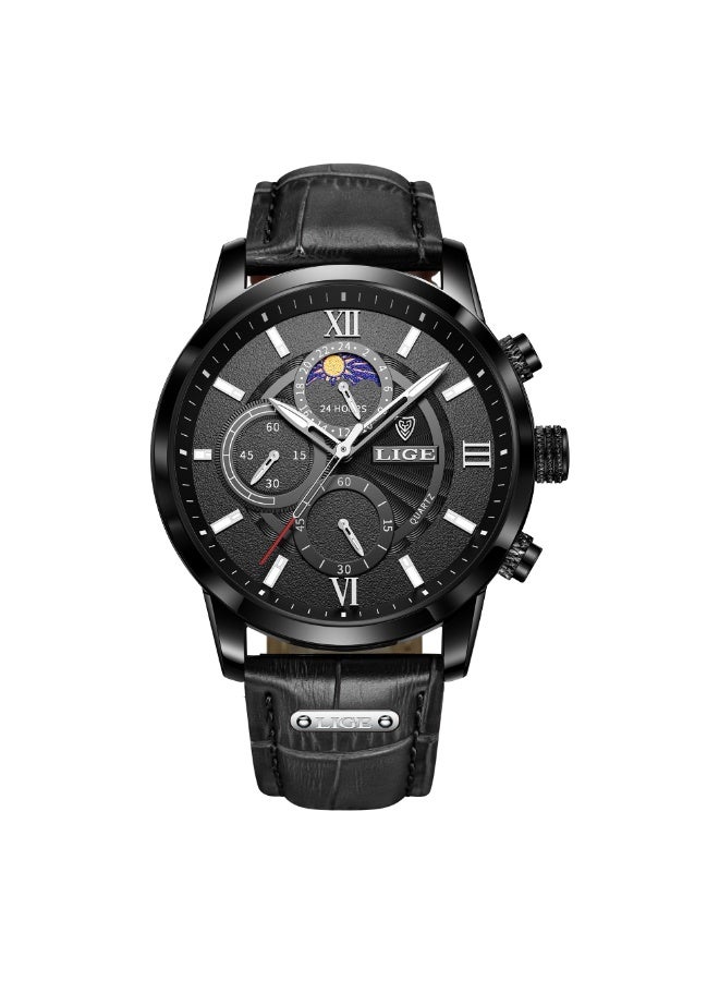 لييج ساعات رجالية مقاومة للماء، ساعة كوارتز تناظرية مناسبة للأعمال مع حزام جلدي فاخر باللون الأسود النقي. - Image 1