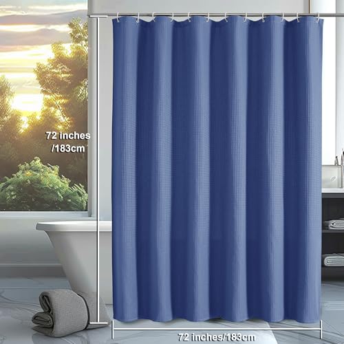 OVZME Blue Shower Curtain Set Waffle Textured Heavy Duty Fabric Shower Curtain for Bathroom Luxury Hotel Weighted 230GSM Bath Curtain with 12 Plastic Hooks Machine Washable 72x72 - Image 3