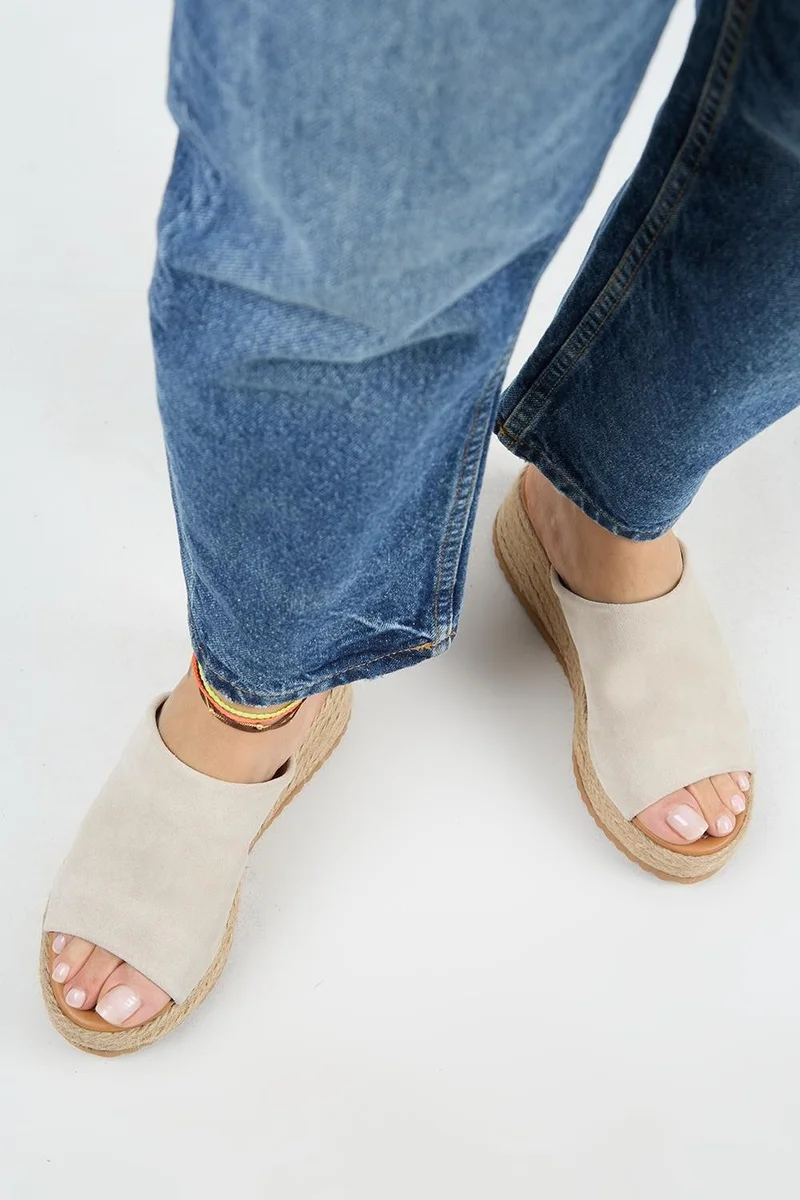 Manijero Manijero Francis Women's Genuine Leather Flat Single Strap Espadrille Beige Slippers