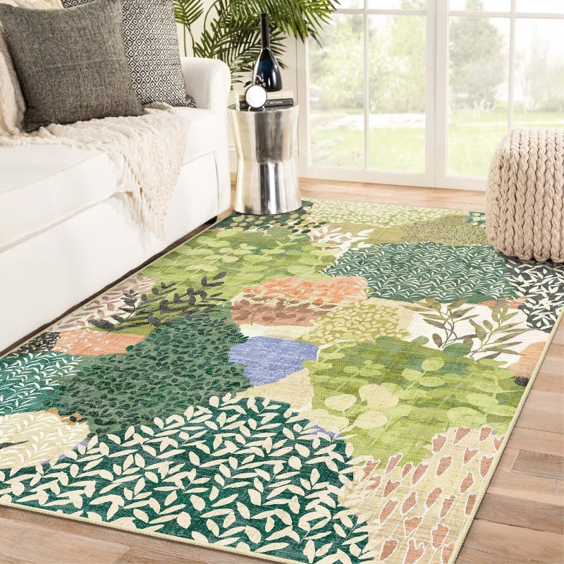 DEXDE Washable Area Rugs 5x7 Tropical Non-Slip Abstract Leaf Floral Boho Soft Rug for Living Room Bedroom Botanical Large Carpet for Entryway Kids Playroom Office,Green - Image 4
