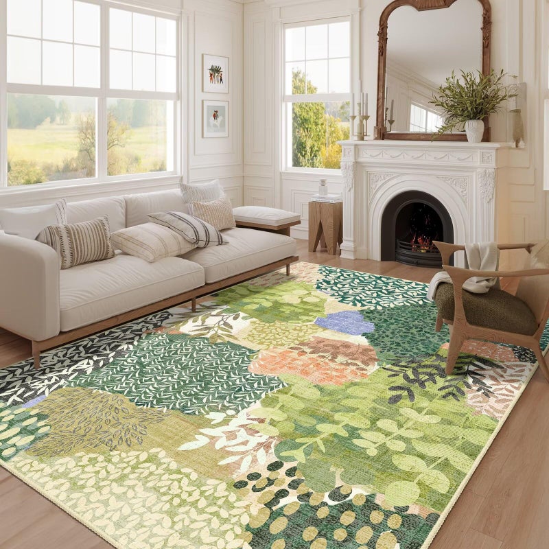 DEXDE Washable Area Rugs 5x7 Tropical Non-Slip Abstract Leaf Floral Boho Soft Rug for Living Room Bedroom Botanical Large Carpet for Entryway Kids Playroom Office,Green - Image 1