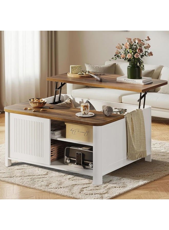 Decofy Lift Top Coffee Table with Storage, 31.5" Mid Century Modern Square Coffee Tables for Living Room, Large Hidden Storage Compartment, Adjustable Shelves & Sliding Door, White - Image 1