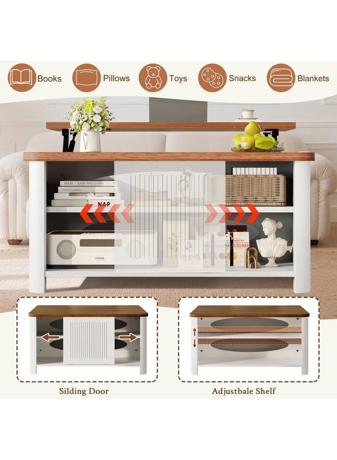 Decofy Lift Top Coffee Table with Storage, 31.5" Mid Century Modern Square Coffee Tables for Living Room, Large Hidden Storage Compartment, Adjustable Shelves & Sliding Door, White - Image 5