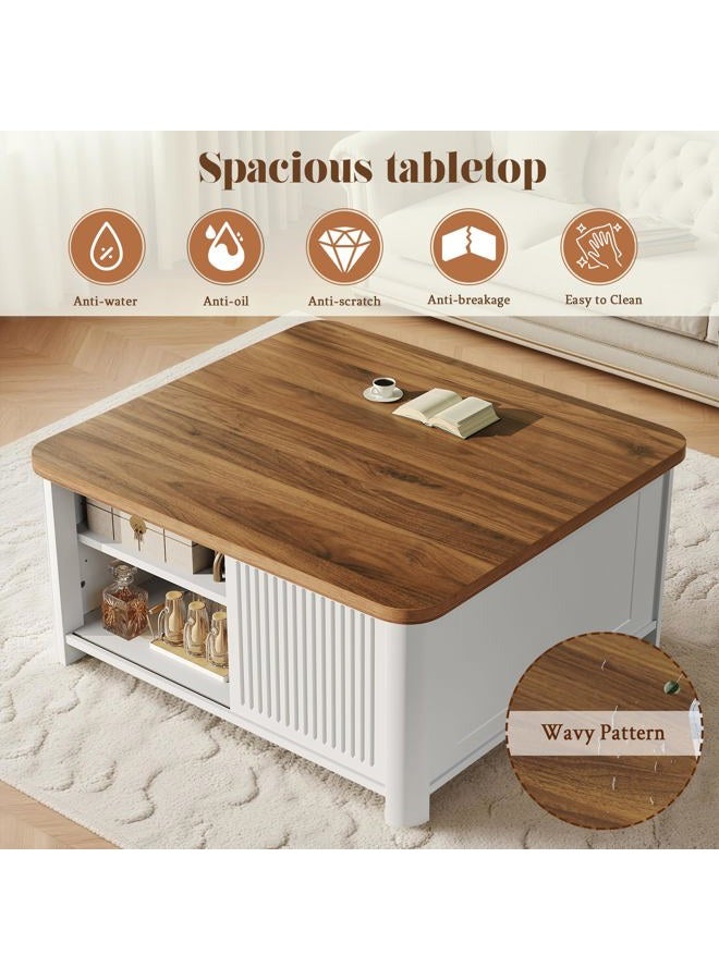 Decofy Lift Top Coffee Table with Storage, 31.5" Mid Century Modern Square Coffee Tables for Living Room, Large Hidden Storage Compartment, Adjustable Shelves & Sliding Door, White - Image 4