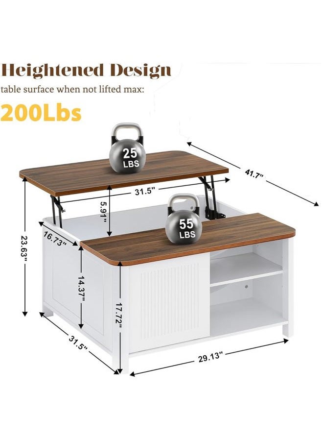 Decofy Lift Top Coffee Table with Storage, 31.5" Mid Century Modern Square Coffee Tables for Living Room, Large Hidden Storage Compartment, Adjustable Shelves & Sliding Door, White - Image 2