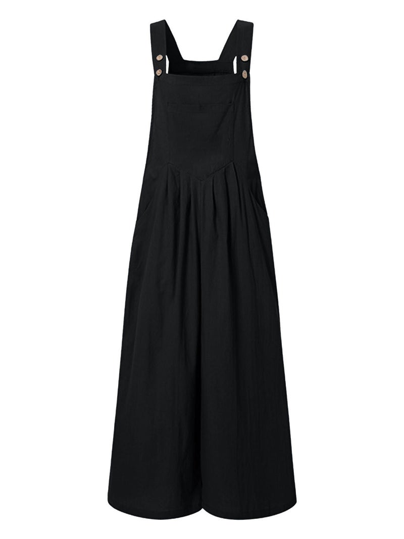 Casual Jumpsuit: Sleeveless Square Neck Black Small - Breathable 65% Cotton 35% Polyester Fabric With Adjustable Buttoned Straps, Convenient Pockets, Relaxed Wide Legs for Summer Lounging, Gardening, - Image 5