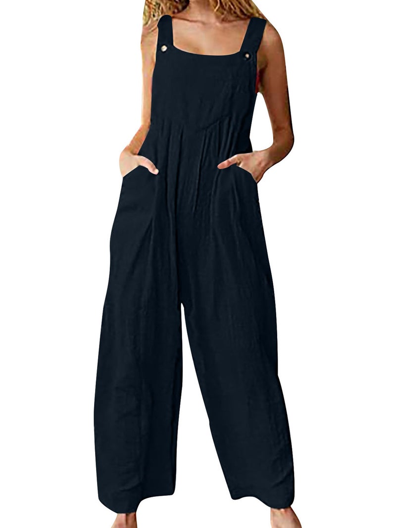 Casual Jumpsuit: Sleeveless Square Neck Black Small - Breathable 65% Cotton 35% Polyester Fabric With Adjustable Buttoned Straps, Convenient Pockets, Relaxed Wide Legs for Summer Lounging, Gardening, - Image 1