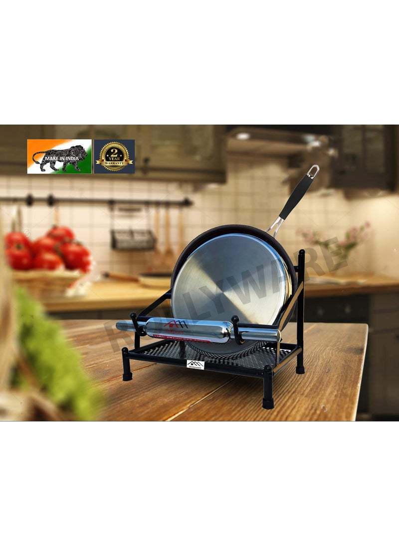 ROLLYWARE Rollyware Metal Black Belan and Chakla Stand Belan Tava Rolling Pin Holder Heavyweight Durable Chakla Holder for Kitchen 4in1 Kitchen Rack only Stand  - Image 4