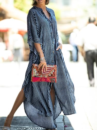 Chunoy Womens Striped Button Down V Neck Long Kaftan Dress Kimono Sleeve Loose Beachwear Side Split Dresses Black - Image 3