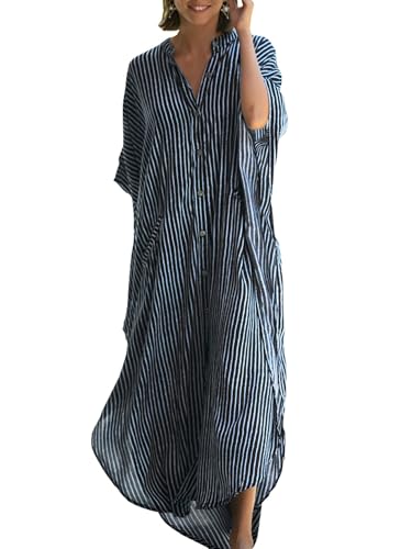 Chunoy Womens Striped Button Down V Neck Long Kaftan Dress Kimono Sleeve Loose Beachwear Side Split Dresses Black - Image 1
