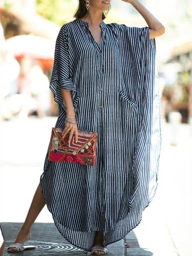 Chunoy Womens Striped Button Down V Neck Long Kaftan Dress Kimono Sleeve Loose Beachwear Side Split Dresses Black - Image 2