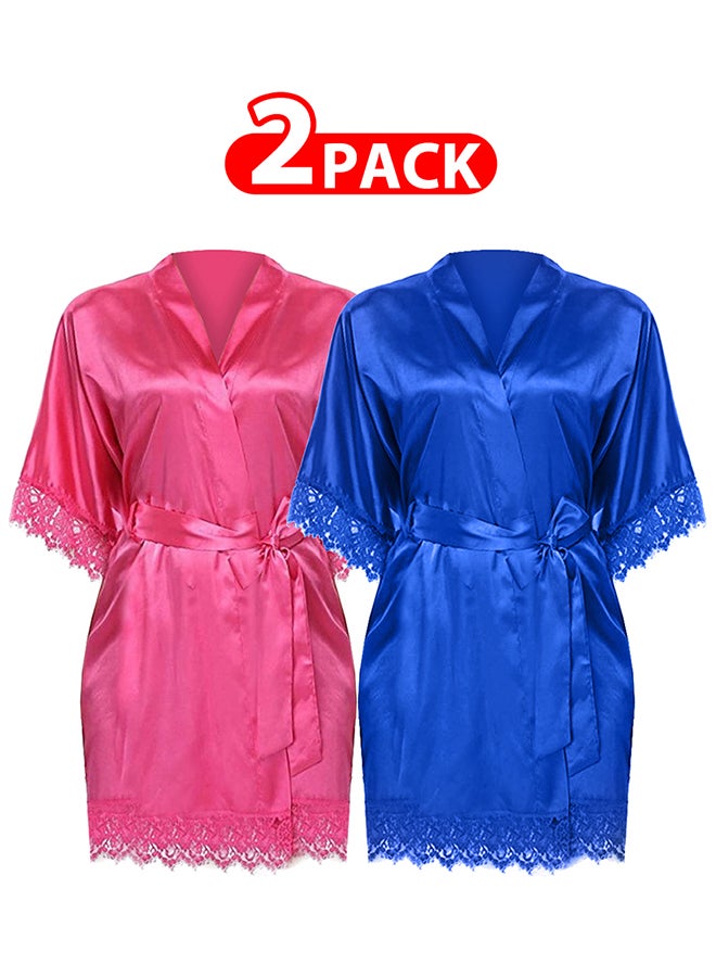 MARGOUN 2 Pack XL Size Women Satin Robe Belted Silky Robe Sleepwear Bridal Robe Kimono Lace Sleeve Nightgown /XL(bust:88-92/waist:72-76) - Image 1