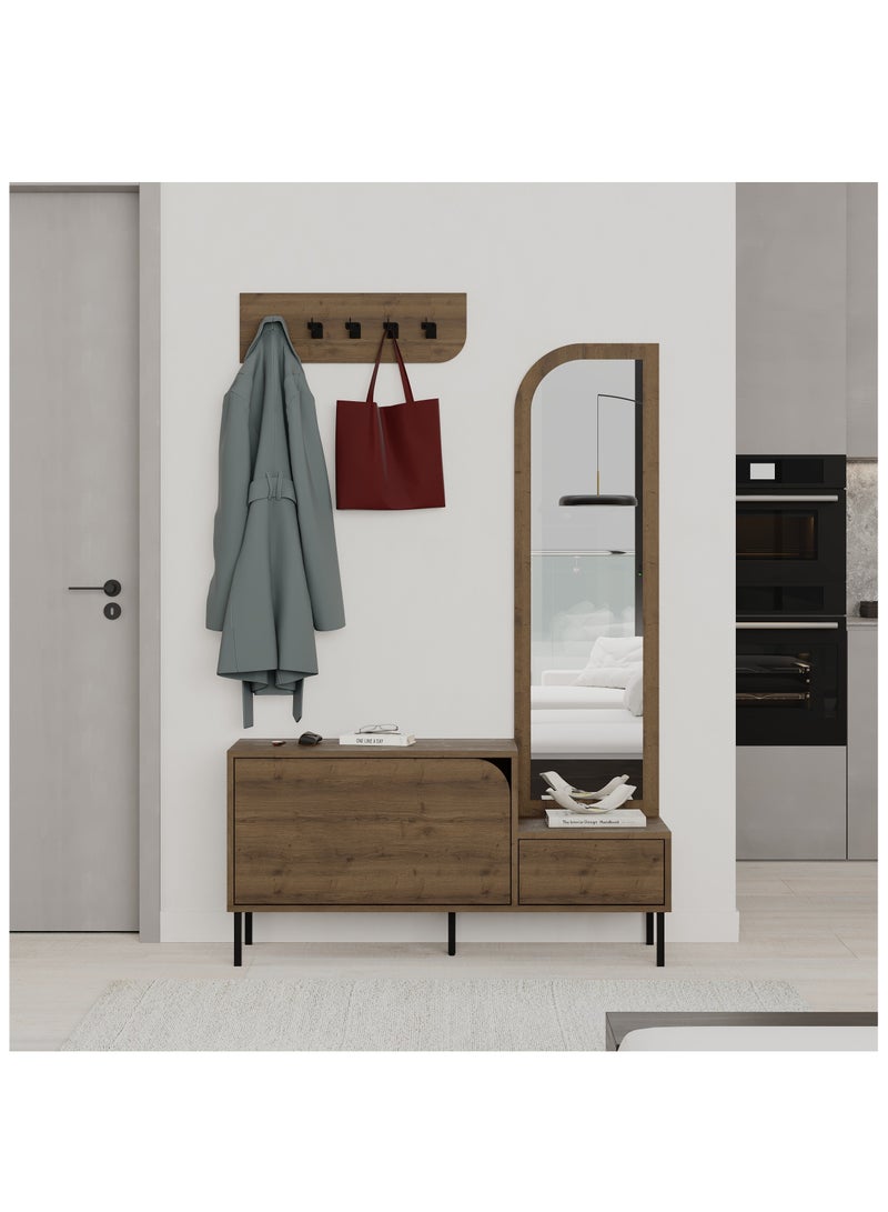 Mourah Home Mila Shoe Cabinet with Mirror - Storage Bench - Wall Mounted Coat Hanger with Hooks - Flip-Down Drawers - Organizer Display Shelf - 37x172x112 CM - Brown - Image 1