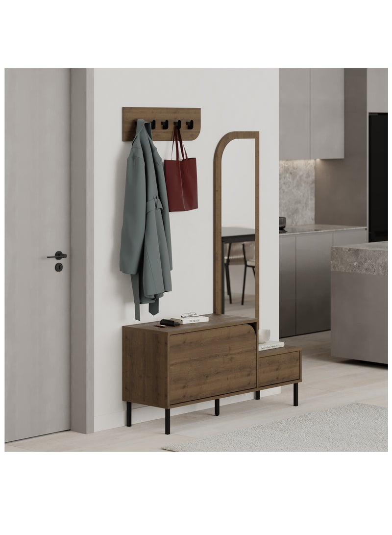 Mourah Home Mila Shoe Cabinet with Mirror - Storage Bench - Wall Mounted Coat Hanger with Hooks - Flip-Down Drawers - Organizer Display Shelf - 37x172x112 CM - Brown - Image 2