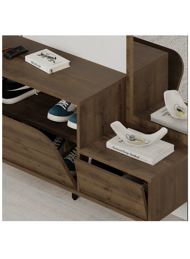 Mourah Home Mila Shoe Cabinet with Mirror - Storage Bench - Wall Mounted Coat Hanger with Hooks - Flip-Down Drawers - Organizer Display Shelf - 37x172x112 CM - Brown - Image 4