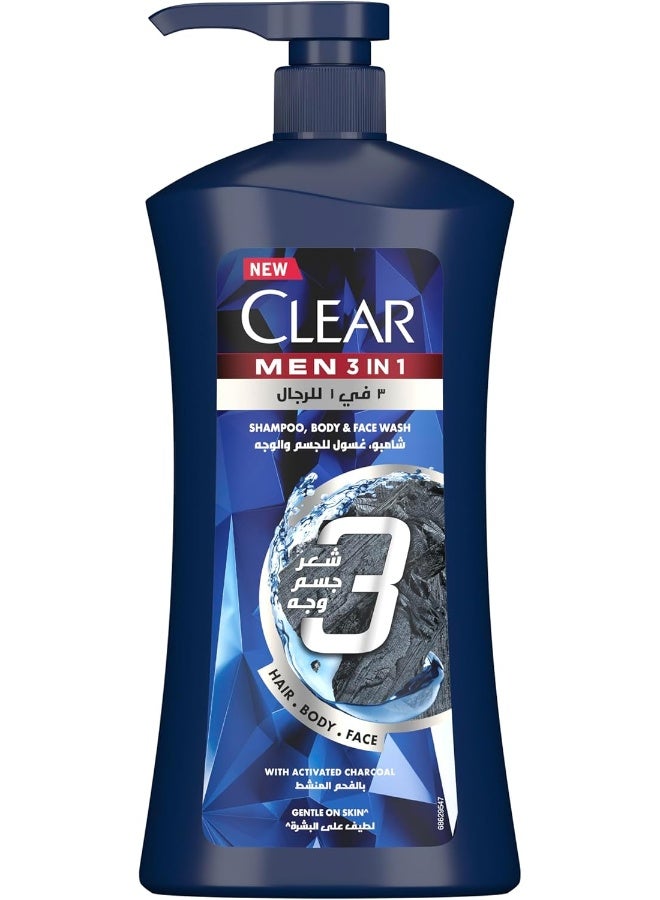 CLEAR MEN Complete Care 3in1 Shampoo, Body & Face Wash with Activated Charcoal, 900ml - Image 1