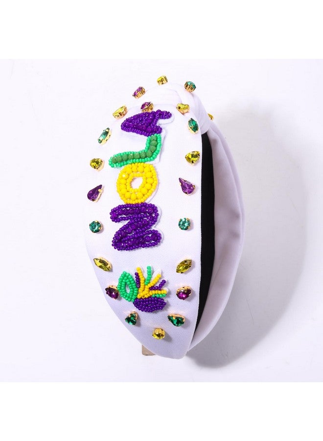 NVENF Mardi Gras Headband Accessories For Women Fleur De Lis Headbands Rhinestone Pearl Jeweled Knotted Headband Fat Tuesday Parade Party Favors Gifts （Bead Nola White） - Image 5