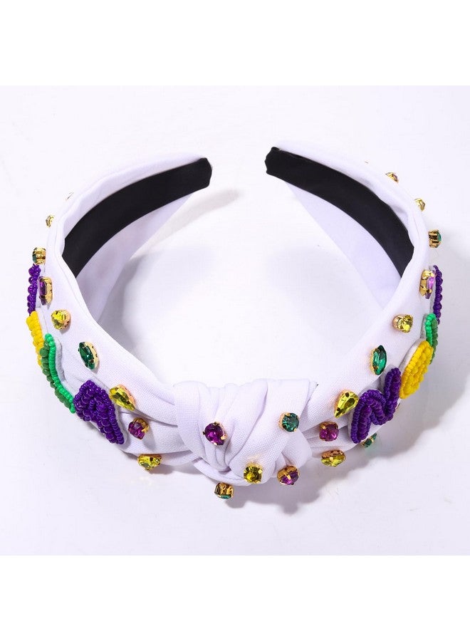 NVENF Mardi Gras Headband Accessories For Women Fleur De Lis Headbands Rhinestone Pearl Jeweled Knotted Headband Fat Tuesday Parade Party Favors Gifts （Bead Nola White） - Image 4