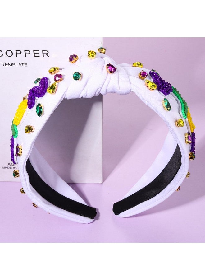 NVENF Mardi Gras Headband Accessories For Women Fleur De Lis Headbands Rhinestone Pearl Jeweled Knotted Headband Fat Tuesday Parade Party Favors Gifts （Bead Nola White） - Image 3