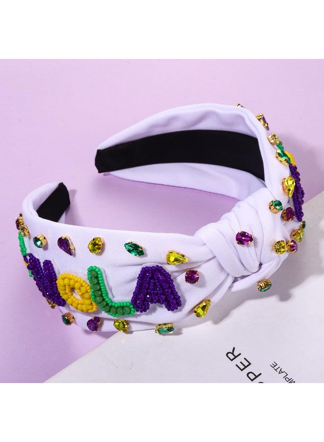 NVENF Mardi Gras Headband Accessories For Women Fleur De Lis Headbands Rhinestone Pearl Jeweled Knotted Headband Fat Tuesday Parade Party Favors Gifts （Bead Nola White） - Image 2