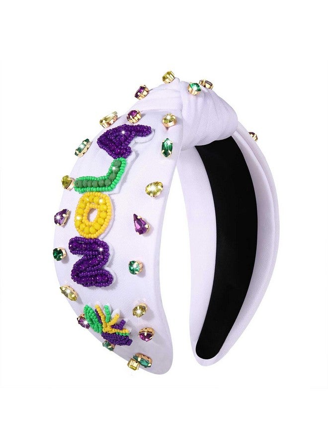 NVENF Mardi Gras Headband Accessories For Women Fleur De Lis Headbands Rhinestone Pearl Jeweled Knotted Headband Fat Tuesday Parade Party Favors Gifts （Bead Nola White） - Image 1