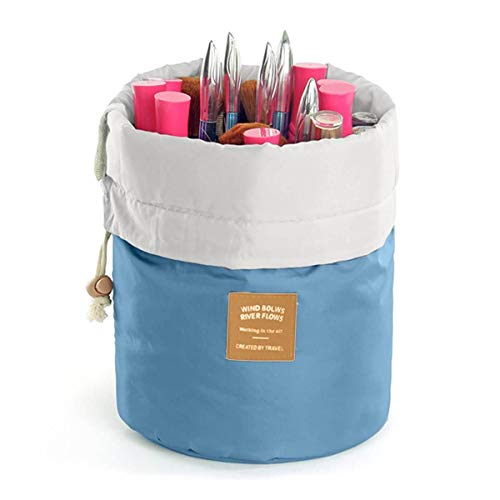 Awestuffs Barrel Shaped Travel Cosmetic Bag Large Drawstring Hanging Toiletry Packing Organizer Bag with Mini Zipper Jewelry Pocket and Clear PVC Pouch for Make-up Brush (Blue) - Image 1