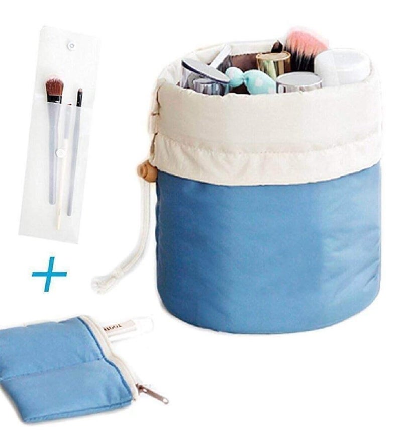 Awestuffs Barrel Shaped Travel Cosmetic Bag Large Drawstring Hanging Toiletry Packing Organizer Bag with Mini Zipper Jewelry Pocket and Clear PVC Pouch for Make-up Brush (Blue) - Image 2