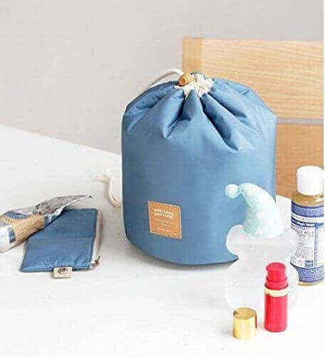 Awestuffs Barrel Shaped Travel Cosmetic Bag Large Drawstring Hanging Toiletry Packing Organizer Bag with Mini Zipper Jewelry Pocket and Clear PVC Pouch for Make-up Brush (Blue) - Image 3
