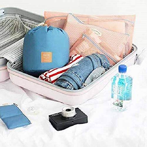 Awestuffs Barrel Shaped Travel Cosmetic Bag Large Drawstring Hanging Toiletry Packing Organizer Bag with Mini Zipper Jewelry Pocket and Clear PVC Pouch for Make-up Brush (Blue) - Image 5